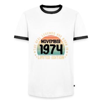 Né en 1974 Tee Vintage Legend Né en novembre - T-shirt contrasté Homme - blanc/noir - Devant - AI Model Female 172 light (172cm) & AI Model Male 178 dark (178cm)