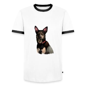 Australian Kelpie Dog Watercolor Illustration - Men's Ringer Shirt - white/black - Front - AI Model Female 172 light (172cm) & AI Model Male 178 dark (178cm)
