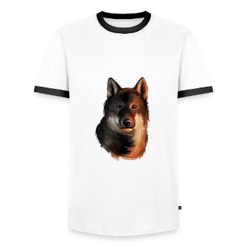 Shikoku Dog Watercolor Sketch Illustration - Men's Ringer Shirt - white/black - Front - AI Model Female 172 light (172cm) & AI Model Male 178 dark (178cm)