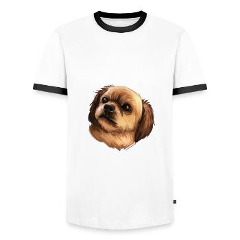Tibetan Spaniel Dog Watercolor Sketch Illustration - Men's Ringer Shirt - white/black - Front - AI Model Female 172 light (172cm) & AI Model Male 178 dark (178cm)