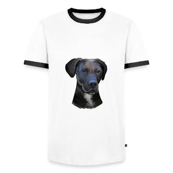 Stephens Cur Dog Watercolor Illustration - Men's Ringer Shirt - white/black - Front - AI Model Female 172 light (172cm) & AI Model Male 178 dark (178cm)