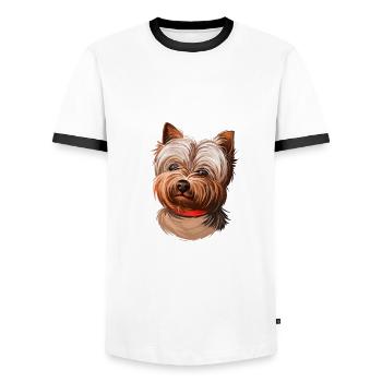 Yorkshire Terrier Dog Watercolor Illustration - Men's Ringer Shirt - white/black - Front - AI Model Female 172 light (172cm) & AI Model Male 178 dark (178cm)