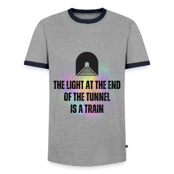 The Light at the End of the Tunnel is A Train - Men's Ringer Shirt - grey/navy  - Front - AI Model Female 172 light (172cm) & AI Model Male 178 light (178cm)