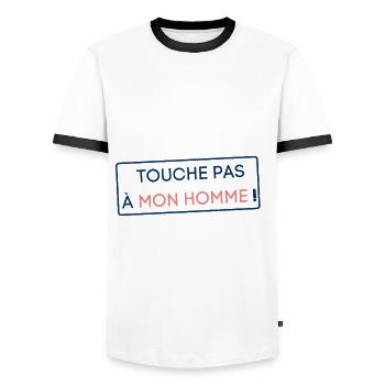 Touche pas à mon homme ! Cadeau femme couple - T-shirt contrasté Homme - blanc/noir - Devant - AI Model Female 172 light (172cm) & AI Model Male 178 dark (178cm)