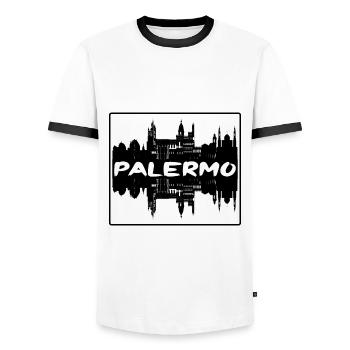 Palermo Italy Skyline Silhouette Travel Souvenir - Men's Ringer Shirt - white/black - Front - AI Model Female 172 light (172cm) & AI Model Male 178 dark (178cm)