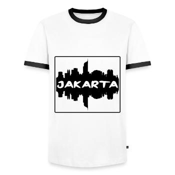 Jakarta Indonesia Skyline Silhouette Travel Souven - Men's Ringer Shirt - white/black - Front - AI Model Female 172 light (172cm) & AI Model Male 178 dark (178cm)