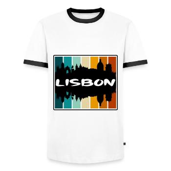 Lisbon Portugal Skyline Silhouette Travel Souvenir - Men's Ringer Shirt - white/black - Front - AI Model Female 172 light (172cm) & AI Model Male 178 dark (178cm)