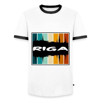 Riga Latvia Skyline Silhouette Travel Souvenir - Men's Ringer Shirt - white/black - Front - AI Model Female 172 light (172cm) & AI Model Male 178 dark (178cm)