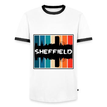 Sheffield England Skyline Silhouette Travel Souven - Men's Ringer Shirt - white/black - Front - AI Model Female 172 light (172cm) & AI Model Male 178 dark (178cm)
