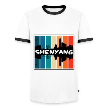 Shenyang Chine Skyline Silhouette Voyage Souvenir - T-shirt contrasté Homme - blanc/noir - Devant - AI Model Female 172 light (172cm) & AI Model Male 178 dark (178cm)