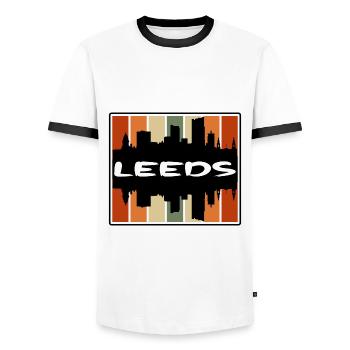 Leeds England Skyline Silhouette Travel Souvenir - Men's Ringer Shirt - white/black - Front - AI Model Female 172 light (172cm) & AI Model Male 178 dark (178cm)