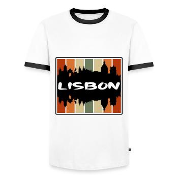 Lisbon Portugal Skyline Silhouette Travel Souvenir - Men's Ringer Shirt - white/black - Front - AI Model Female 172 light (172cm) & AI Model Male 178 dark (178cm)