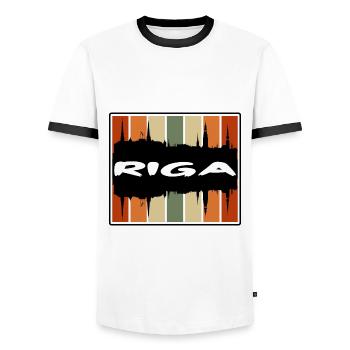 Riga Latvia Skyline Silhouette Travel Souvenir - Men's Ringer Shirt - white/black - Front - AI Model Female 172 light (172cm) & AI Model Male 178 dark (178cm)