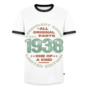 Légendaire depuis 1938 - 85 ans - T-shirt contrasté Homme - blanc/noir - Devant - AI Model Female 172 light (172cm) & AI Model Male 178 dark (178cm)