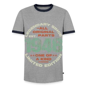 Legendary since 1948 - 75 years - Men's Ringer Shirt - grey/navy  - Front - AI Model Female 172 light (172cm) & AI Model Male 178 light (178cm)