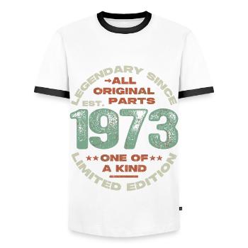 Legendary since 1973 - 50 years - Men's Ringer Shirt - white/black - Front - AI Model Female 172 light (172cm) & AI Model Male 178 dark (178cm)