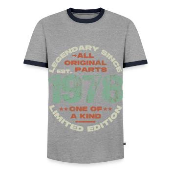 Legendary since 1978 - 45 years - Men's Ringer Shirt - grey/navy  - Front - AI Model Female 172 light (172cm) & AI Model Male 178 light (178cm)