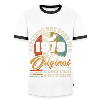 Original limited edition 1979 - Men's Ringer Shirt - white/black - Front - AI Model Female 172 light (172cm) & AI Model Male 178 dark (178cm)