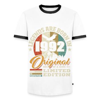 Original limited edition 1992 - Men's Ringer Shirt - white/black - Front - AI Model Female 172 light (172cm) & AI Model Male 178 dark (178cm)