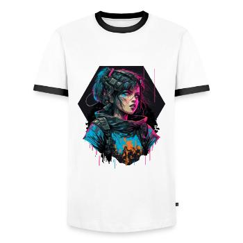 Stunning digital illustration of a Stunning Girl - Men's Ringer Shirt - white/black - Front - AI Model Female 172 light (172cm) & AI Model Male 178 dark (178cm)