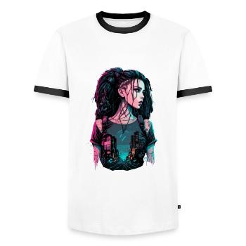 Kunstwerk einer Cyber-Frau - Männer Kontrast-T-Shirt - Weiß/Schwarz - Vorne - AI Model Female 172 light (172cm) & AI Model Male 178 dark (178cm)