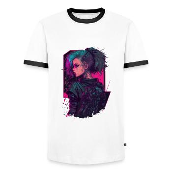 Cool Digital Illustration of a Punk Lady - Men's Ringer Shirt - white/black - Front - AI Model Female 172 light (172cm) & AI Model Male 178 dark (178cm)
