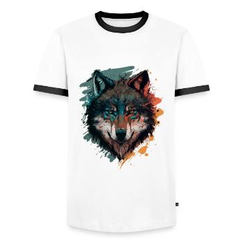 Design étonnant d’un loup - T-shirt contrasté Homme - blanc/noir - Devant - AI Model Female 172 light (172cm) & AI Model Male 178 dark (178cm)