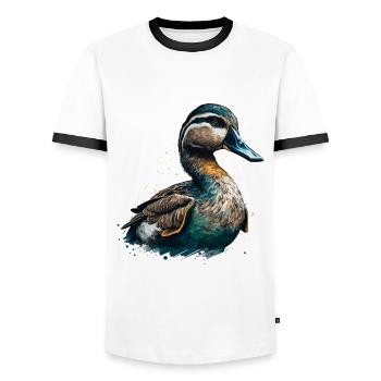 My Duck is Your Duck - Men's Ringer Shirt - white/black - Front - AI Model Female 172 light (172cm) & AI Model Male 178 dark (178cm)