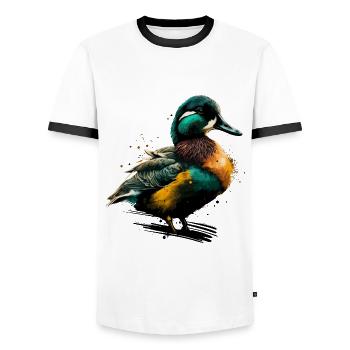Colored Duck - Men's Ringer Shirt - white/black - Front - AI Model Female 172 light (172cm) & AI Model Male 178 dark (178cm)