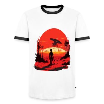 alternate reality - Men's Ringer Shirt - white/black - Front - AI Model Female 172 light (172cm) & AI Model Male 178 dark (178cm)
