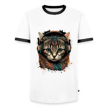 Vintage Cat with Headphones - Men's Ringer Shirt - white/black - Front - AI Model Female 172 light (172cm) & AI Model Male 178 dark (178cm)