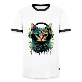 Chat avec casque - T-shirt contrasté Homme - blanc/noir - Devant - AI Model Female 172 light (172cm) & AI Model Male 178 dark (178cm)
