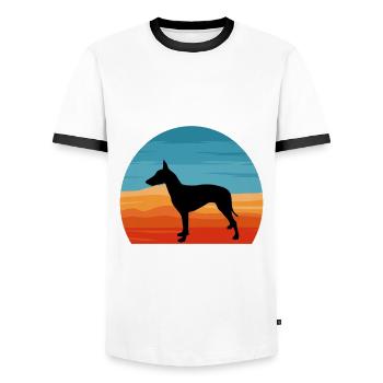 Manchester Terrier Dog Silhouette Retro Sunset - Men's Ringer Shirt - white/black - Front - AI Model Female 172 light (172cm) & AI Model Male 178 dark (178cm)