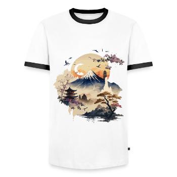 Snowy Mountain - Japanese Watercolor Art - Men's Ringer Shirt - white/black - Front - AI Model Female 172 light (172cm) & AI Model Male 178 dark (178cm)