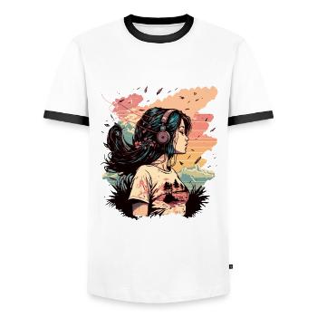 Anime Girl listening to Music - Men's Ringer Shirt - white/black - Front - AI Model Female 172 light (172cm) & AI Model Male 178 dark (178cm)