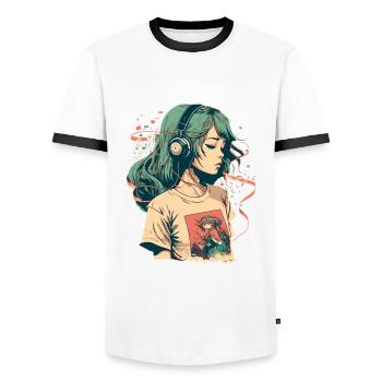 Étudiez une fille qui écoute de la musique - T-shirt contrasté Homme - blanc/noir - Devant - AI Model Female 172 light (172cm) & AI Model Male 178 dark (178cm)