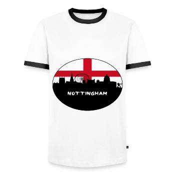 Nottingham England Flag Skyline Travel Souvenir - Men's Ringer Shirt - white/black - Front - AI Model Female 172 light (172cm) & AI Model Male 178 dark (178cm)