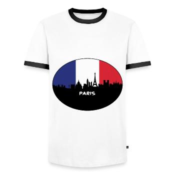 Paris France Flag Skyline Travel Souvenir - Men's Ringer Shirt - white/black - Front - AI Model Female 172 light (172cm) & AI Model Male 178 dark (178cm)