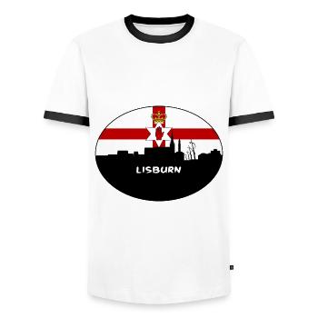 Lisburn Northern Ireland Flag Skyline Travel Souve - Men's Ringer Shirt - white/black - Front - AI Model Female 172 light (172cm) & AI Model Male 178 dark (178cm)
