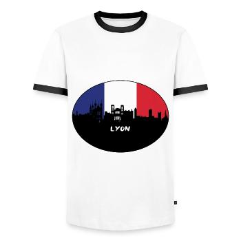 Lyon France Flag Skyline Travel Souvenir - Men's Ringer Shirt - white/black - Front - AI Model Female 172 light (172cm) & AI Model Male 178 dark (178cm)