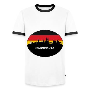 Magdeburg Deutschland Flagge Skyline Silhouette Reisen - Männer Kontrast-T-Shirt - Weiß/Schwarz - Vorne - AI Model Female 172 light (172cm) & AI Model Male 178 dark (178cm)