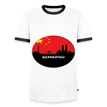 Guangzhou-China-Flaggen-Skyline-Schattenbild-Reise - Männer Kontrast-T-Shirt - Weiß/Schwarz - Vorne - AI Model Female 172 light (172cm) & AI Model Male 178 dark (178cm)