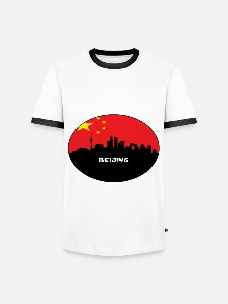 Peking-China-Flaggen-Skyline-Schattenbild-Reise - Männer Kontrast-T-Shirt - Weiß/Schwarz