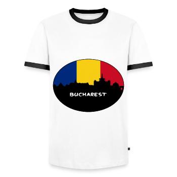 Bucharest Romania Flag Skyline Silhouette Travel - Men's Ringer Shirt - white/black - Front - AI Model Female 172 light (172cm) & AI Model Male 178 dark (178cm)