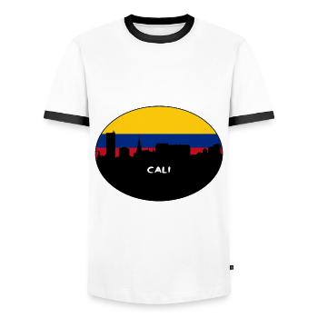 Cali Colombia Flag Skyline Silhouette Travel - Men's Ringer Shirt - white/black - Front - AI Model Female 172 light (172cm) & AI Model Male 178 dark (178cm)