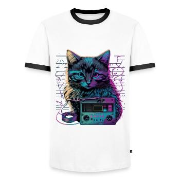 Katze mit Kassette - Männer Kontrast-T-Shirt - Weiß/Schwarz - Vorne - AI Model Female 172 light (172cm) & AI Model Male 178 dark (178cm)