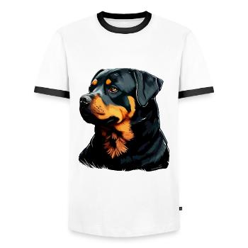 Rottweiler Hunderasse Gesicht Cartoon Illustration - Männer Kontrast-T-Shirt - Weiß/Schwarz - Vorne - AI Model Female 172 light (172cm) & AI Model Male 178 dark (178cm)
