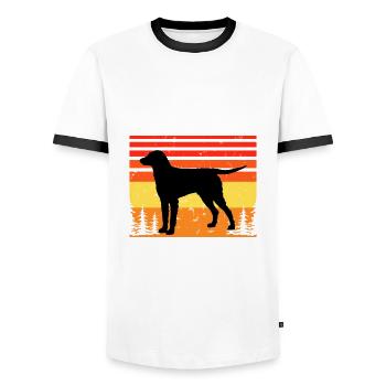 Curly Coated Retriever Dog Silhouette Retro Sunset - Men's Ringer Shirt - white/black - Front - AI Model Female 172 light (172cm) & AI Model Male 178 dark (178cm)