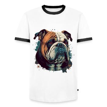 Bulldog Head Illustration - Men's Ringer Shirt - white/black - Front - AI Model Female 172 light (172cm) & AI Model Male 178 dark (178cm)
