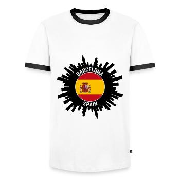 Barcelona Skyline Spain Flag Travel Souvenir - Men's Ringer Shirt - white/black - Front - AI Model Female 172 light (172cm) & AI Model Male 178 dark (178cm)